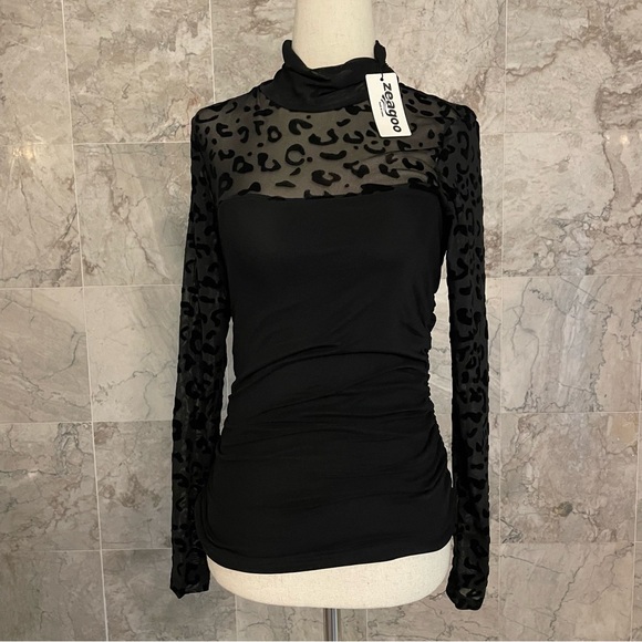 Zeagoo Animal Print Sheer Long Sleeve Mock Neck Top - Picture 2 of 8